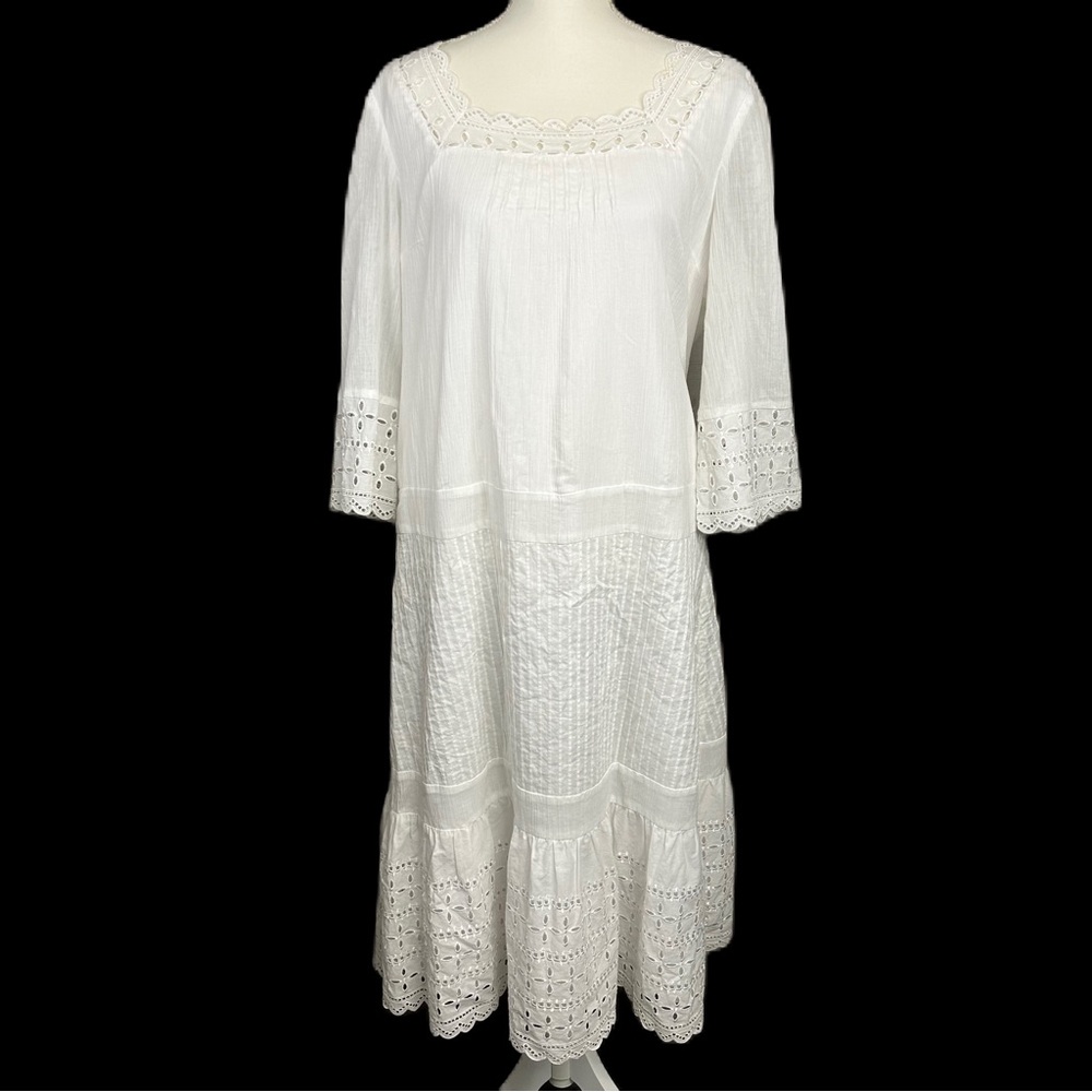 Drapers and Damons Cotton Eyelet Maxi Dress Size 14P Square Neck Cottage Boho